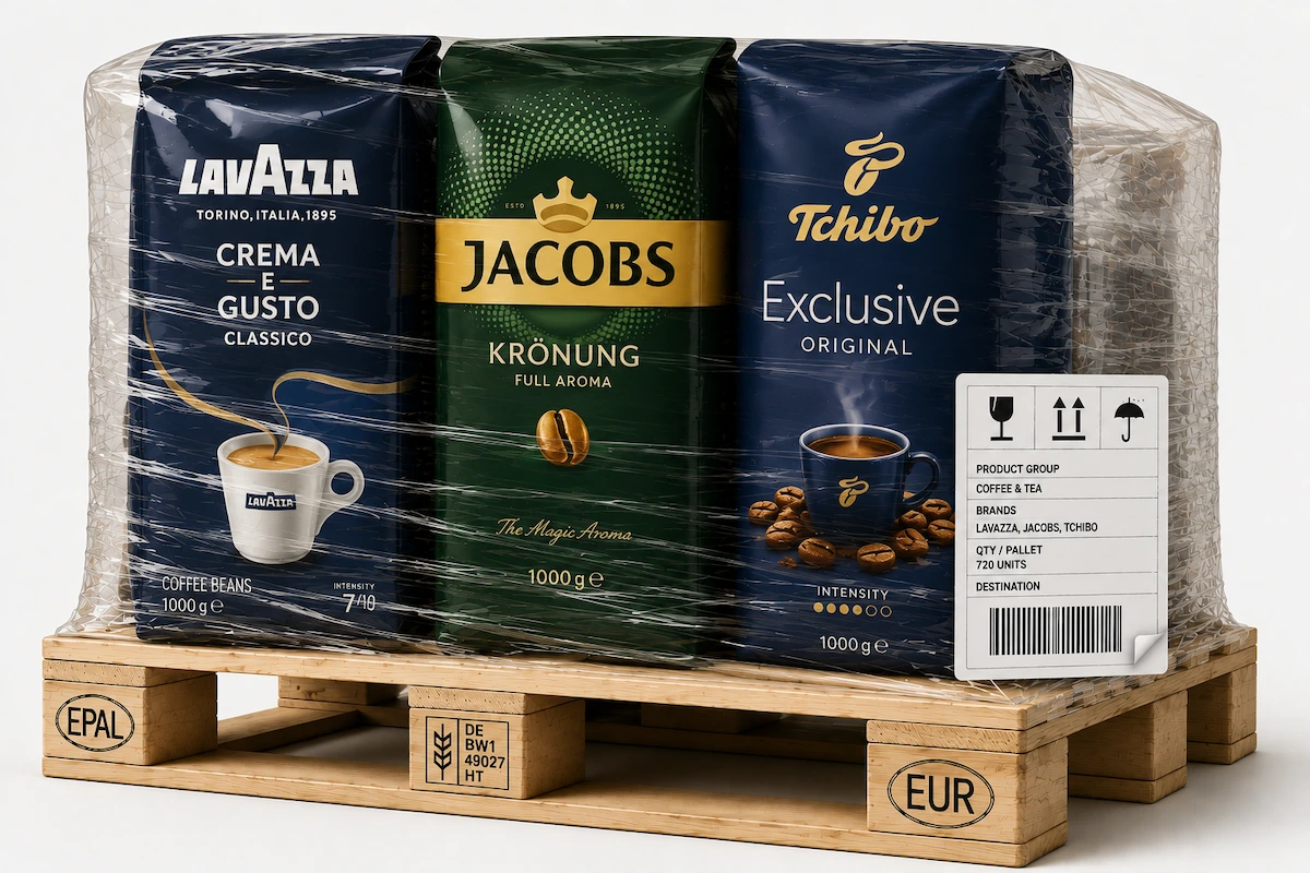 Assorted coffee and tea products prepared for wholesale distribution