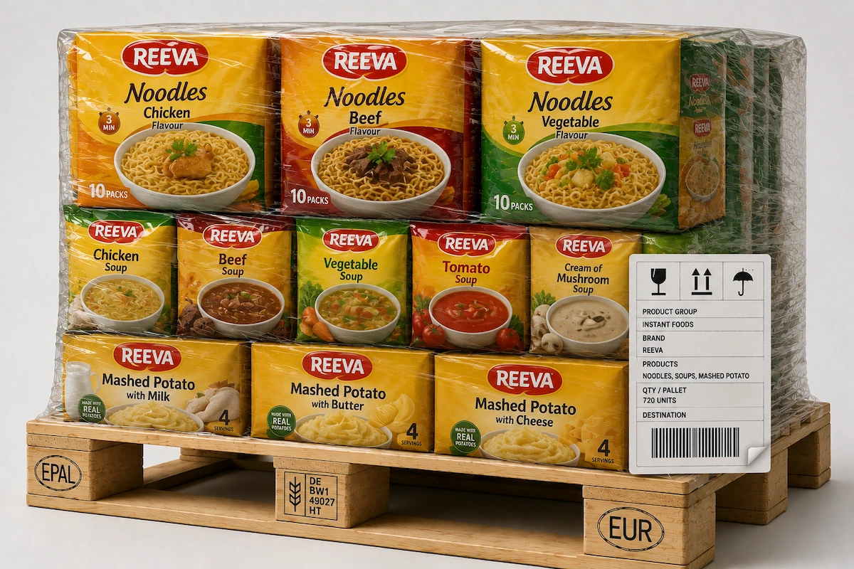 Assorted instant food products prepared for wholesale distribution