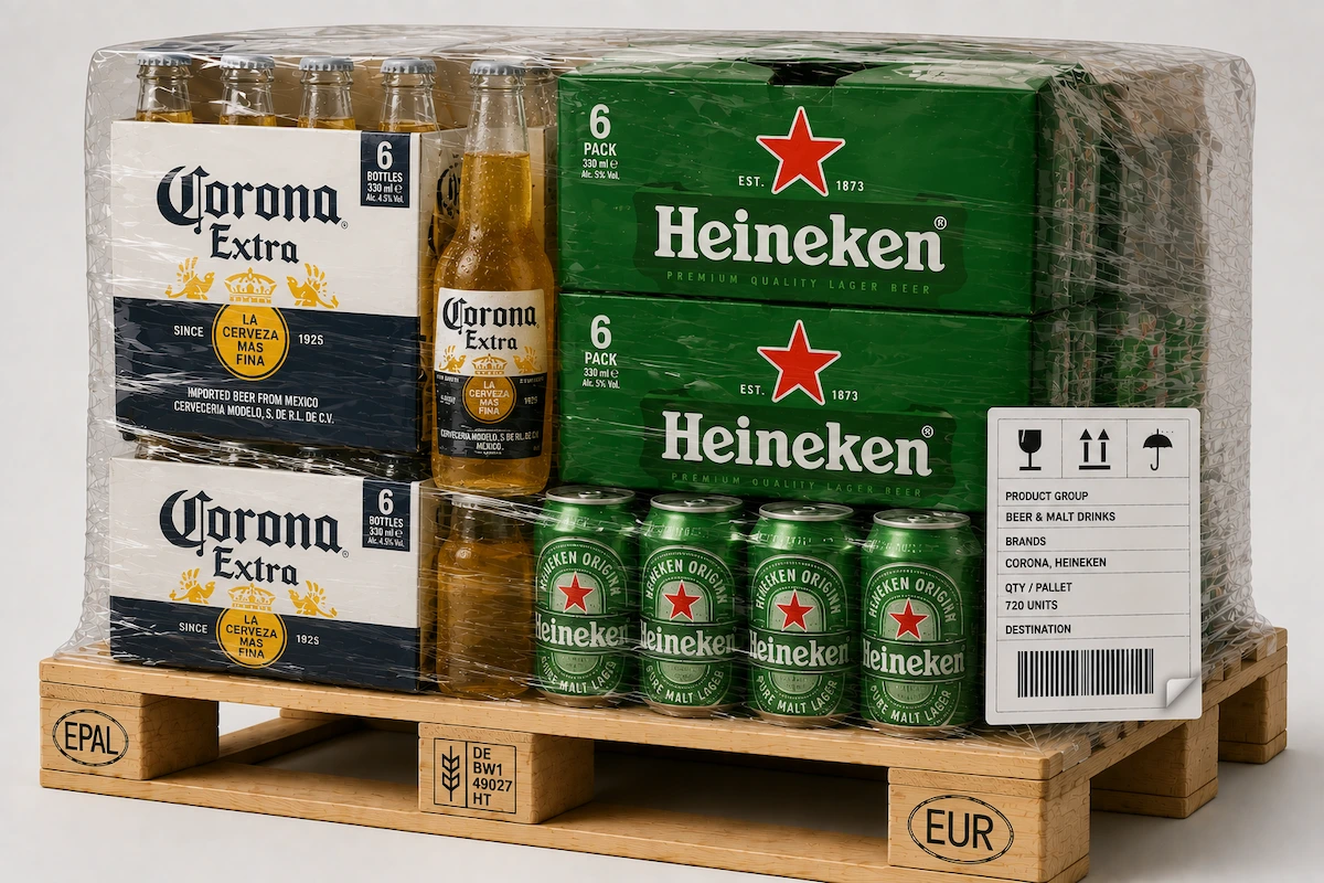 Assorted beer and malt drinks prepared for wholesale distribution