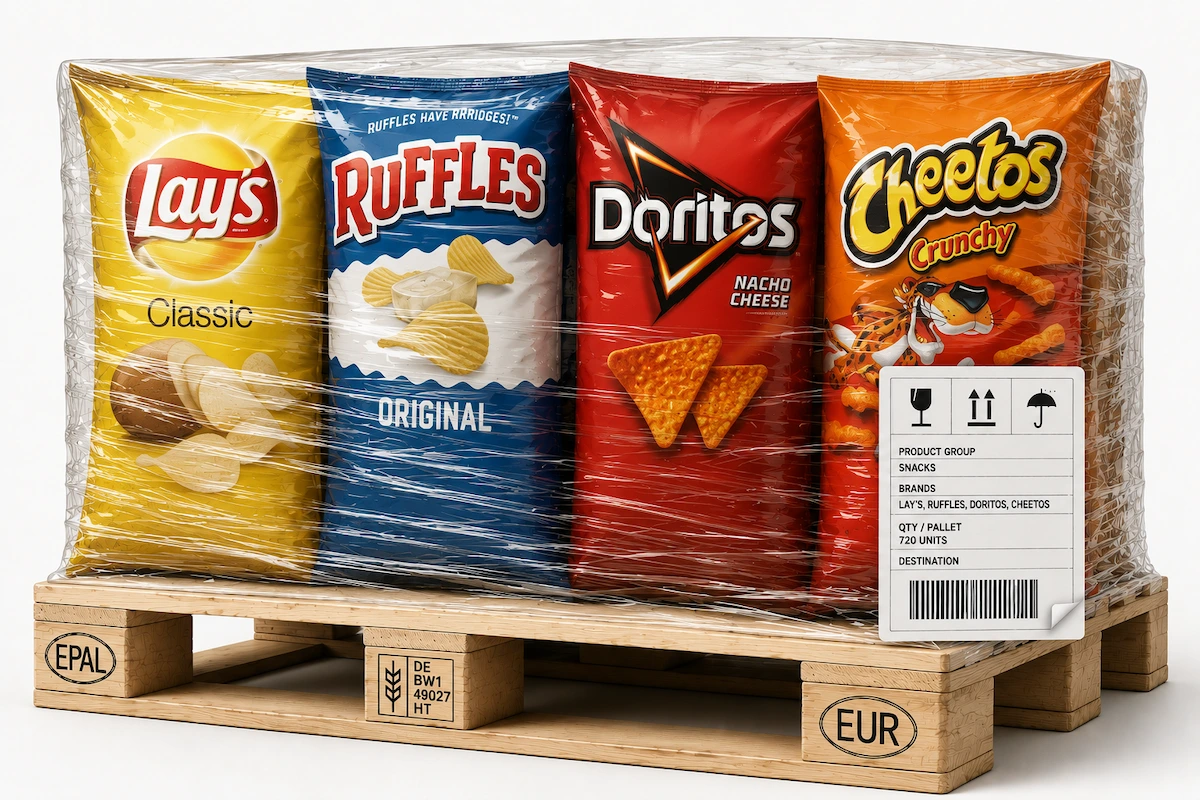 Assorted snack products prepared for wholesale distribution